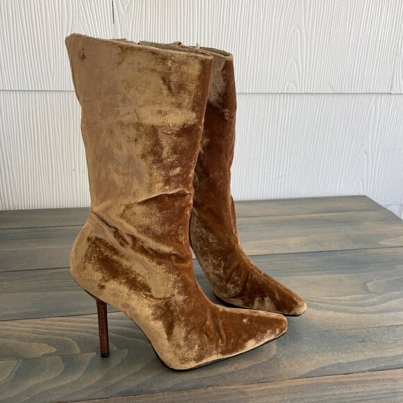 Vintage Colin Stuart Gold Crushed Velvet Women’s Boots Stiletto Heels Sz 8 (ST) - Picture 2 of 7
